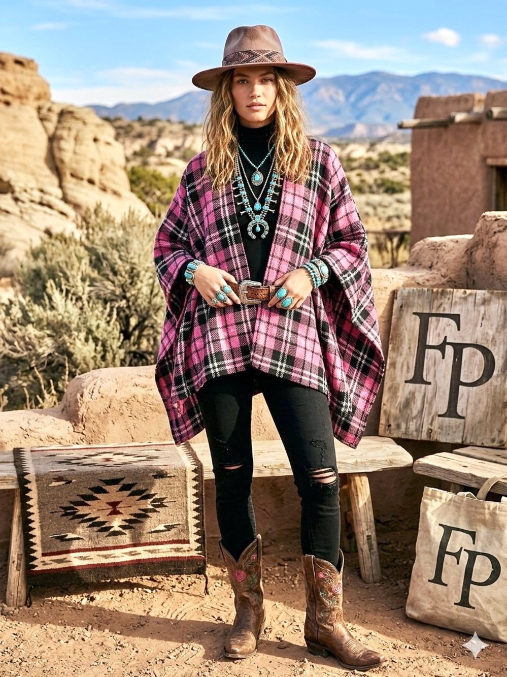 Wool Pink Plaid Women's boho Cape w cottagecore vibe